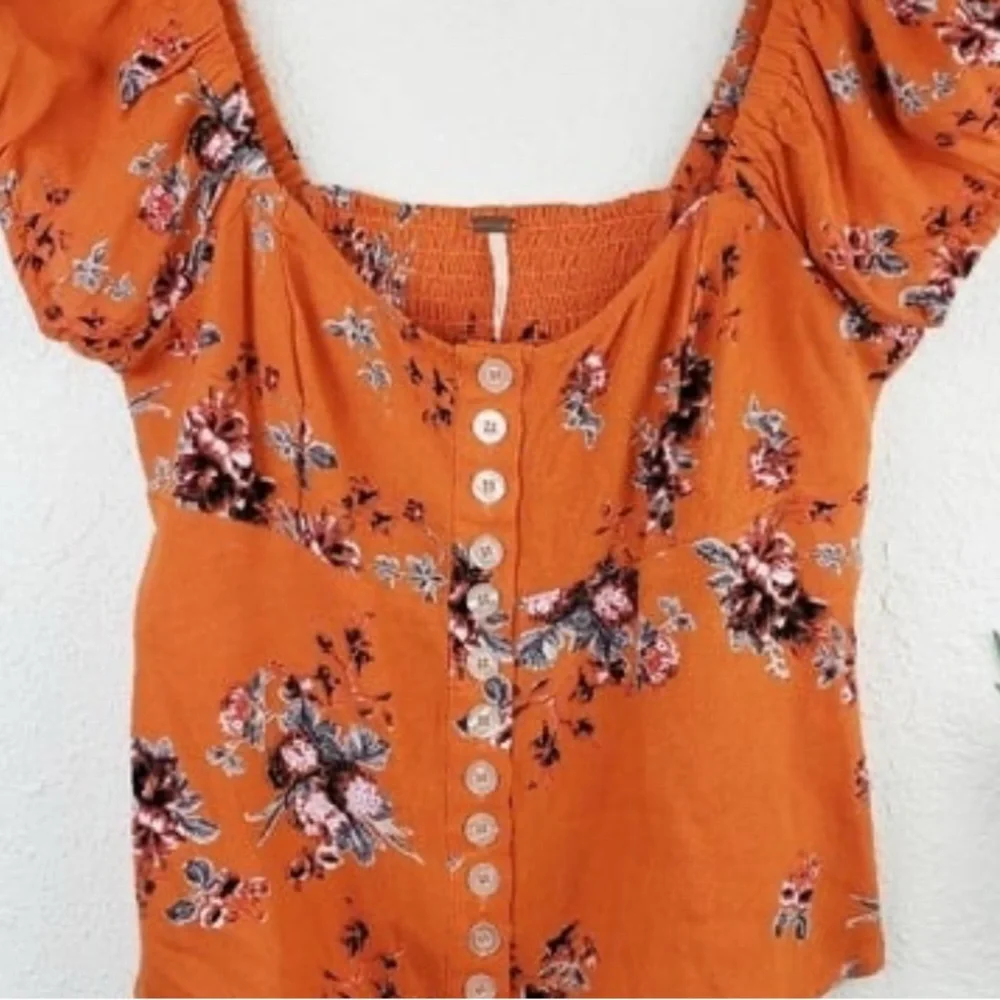FREE PEOPLE Close To You Floral Puff Sleeve Top Orange XS Boho Cottagecore